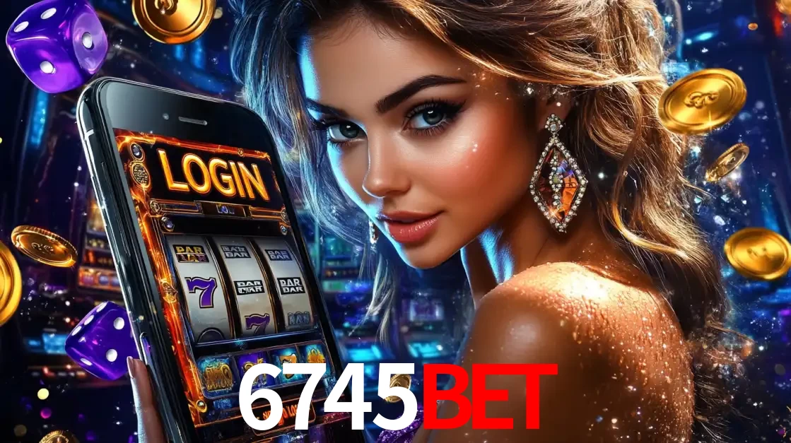 Mulher glamorosa segurando um smartphone com a tela de login para os jogos de caça-níqueis do cassino online 6745bet, com moedas de ouro e dados ao redor.