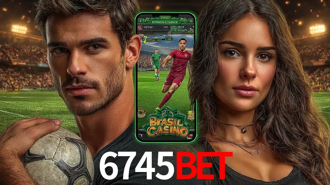 Homem segurando uma bola de futebol e uma mulher ao lado de um smartphone exibindo o jogo de apostas esportivas da 6745bet. Faça seu palpite no cassino online.